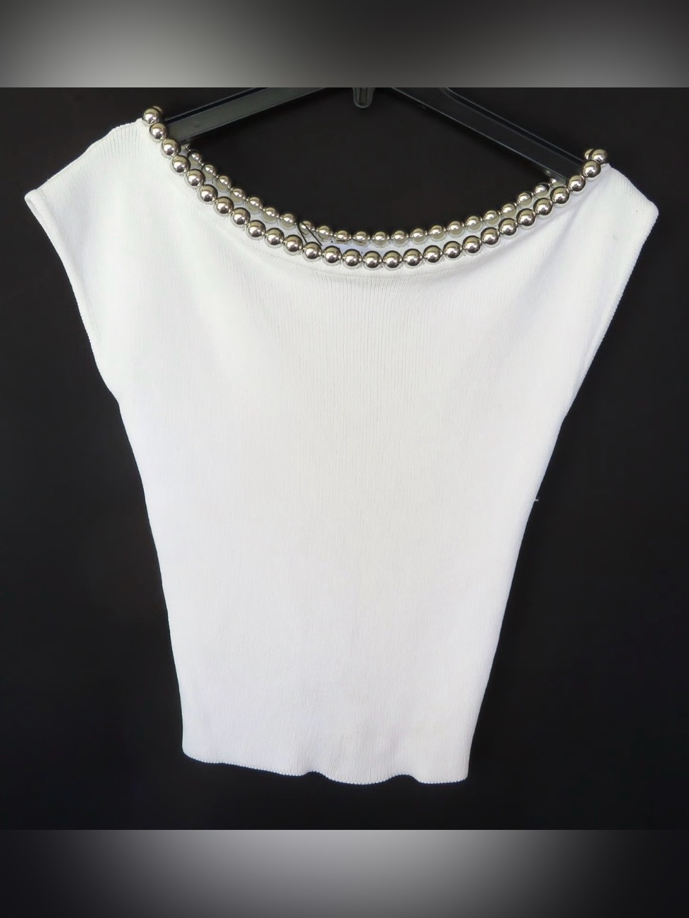 Zara White Knit Tank with Silver Pearl Neckline